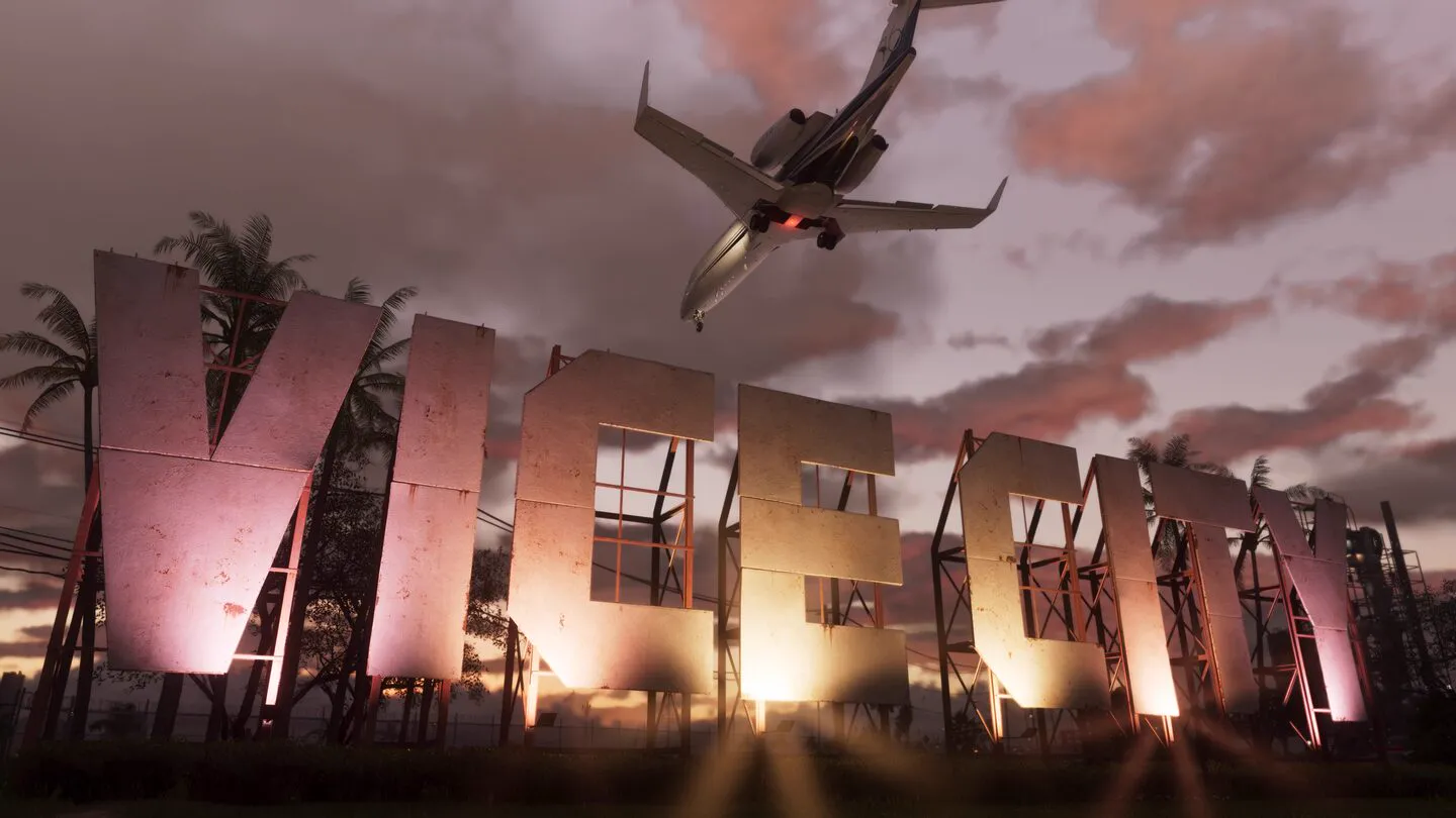 The neon Vice City sign at sunset with a jet overhead