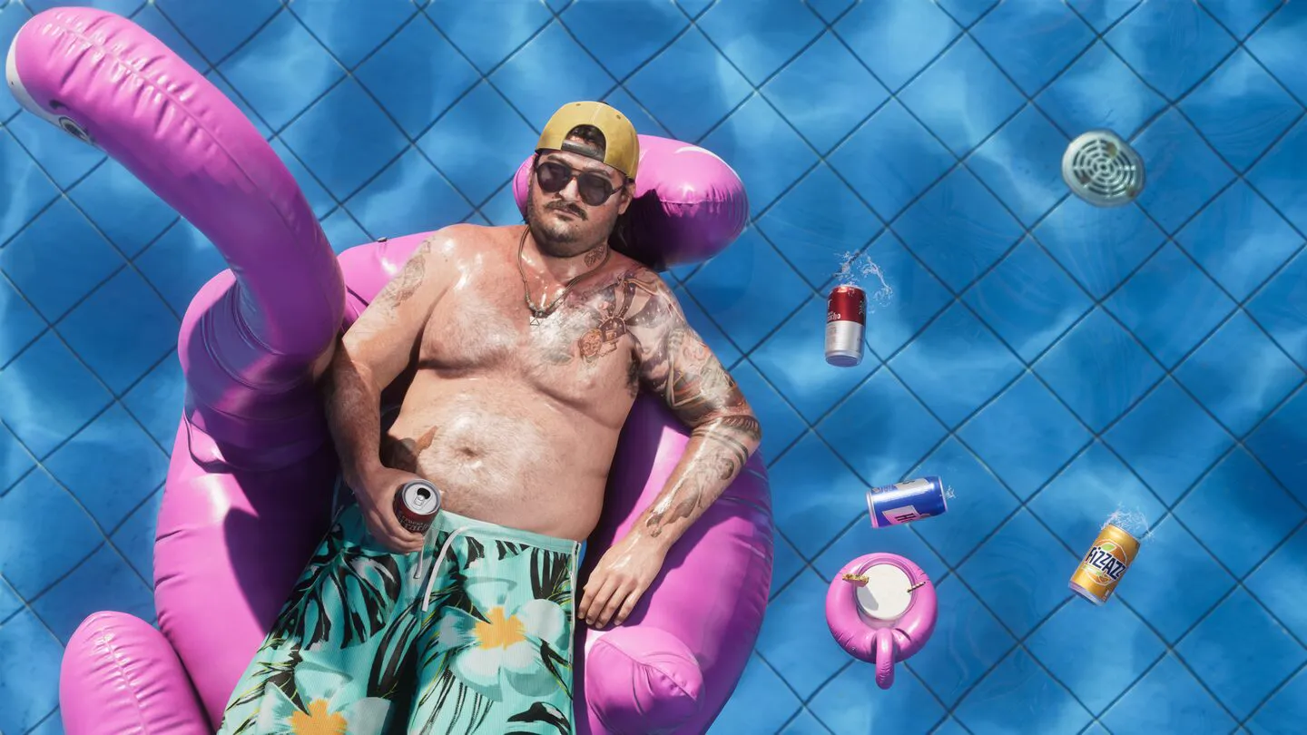 A pink lowrider cruising a palm-lined beach strip